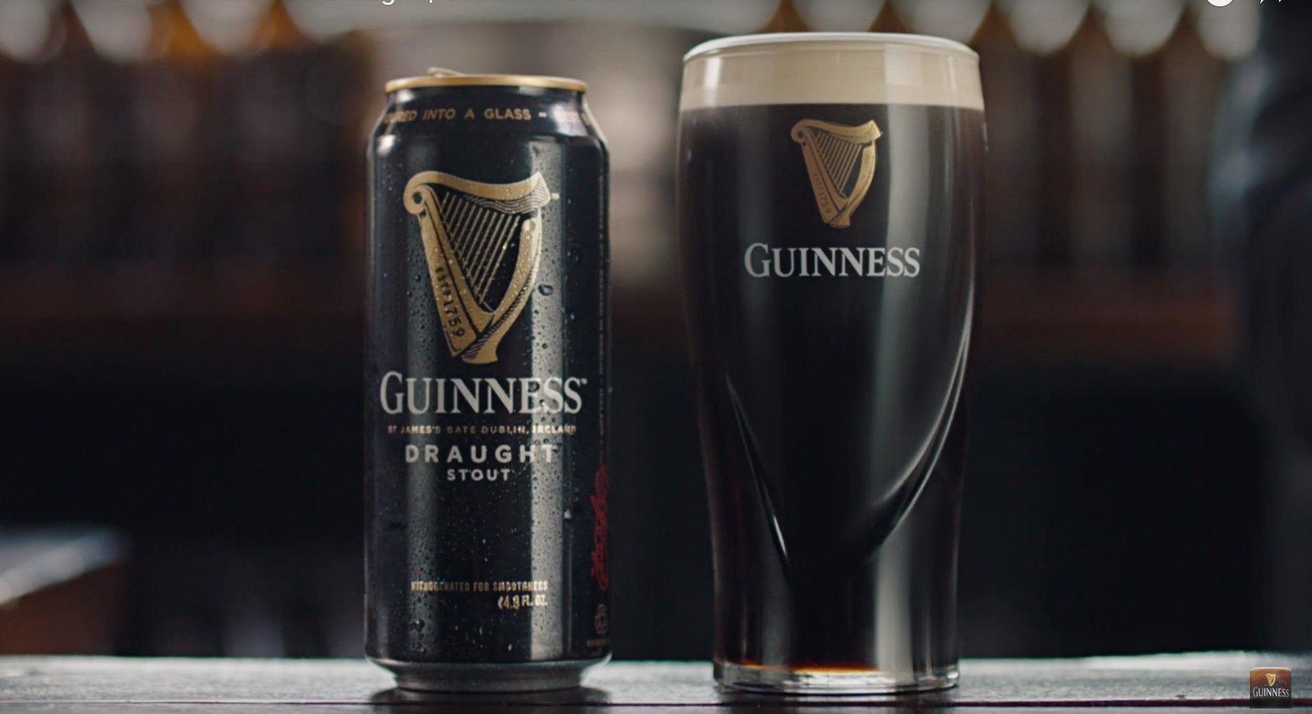 Guinness Draught Stout Can and served in Guinness Glass.
