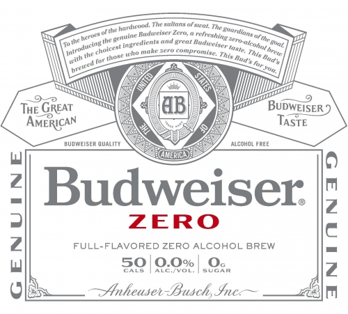 Budweiser Zero logo. Full flavored zero alchohol brew.