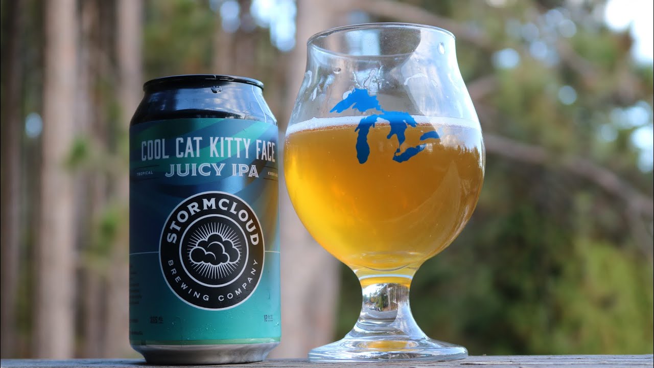 Stormcloud Cool Cat Kitty Face Juicy IPA Can, also served in glass.